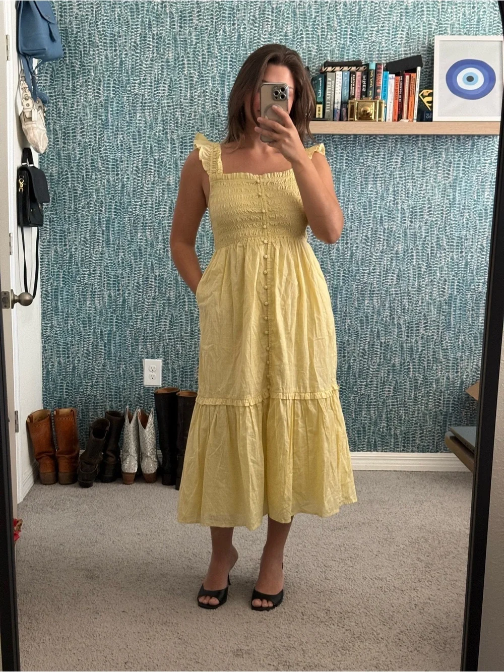 anthropologie yellow dress | Dresses | Anthropologie Smocked Cotton Midi In XXS at Anthropologie ANTHROPOLOGIE Yellow Blue Multi Floral